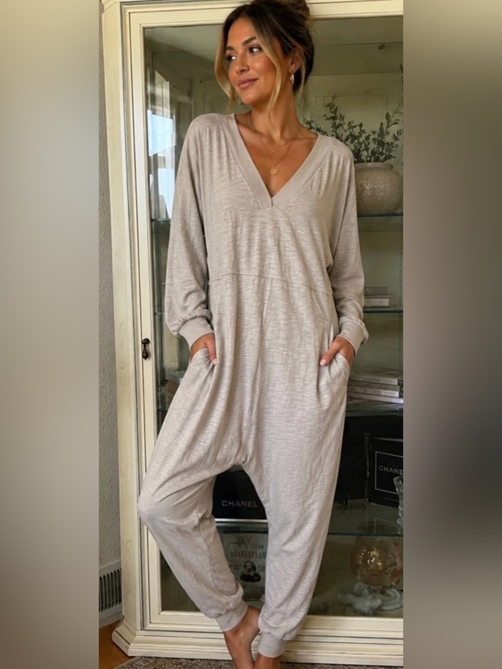 ✨ Natural Life Small Johnnie Cotton Jumpsuit Beige Slouchy Harem Boho Lounge